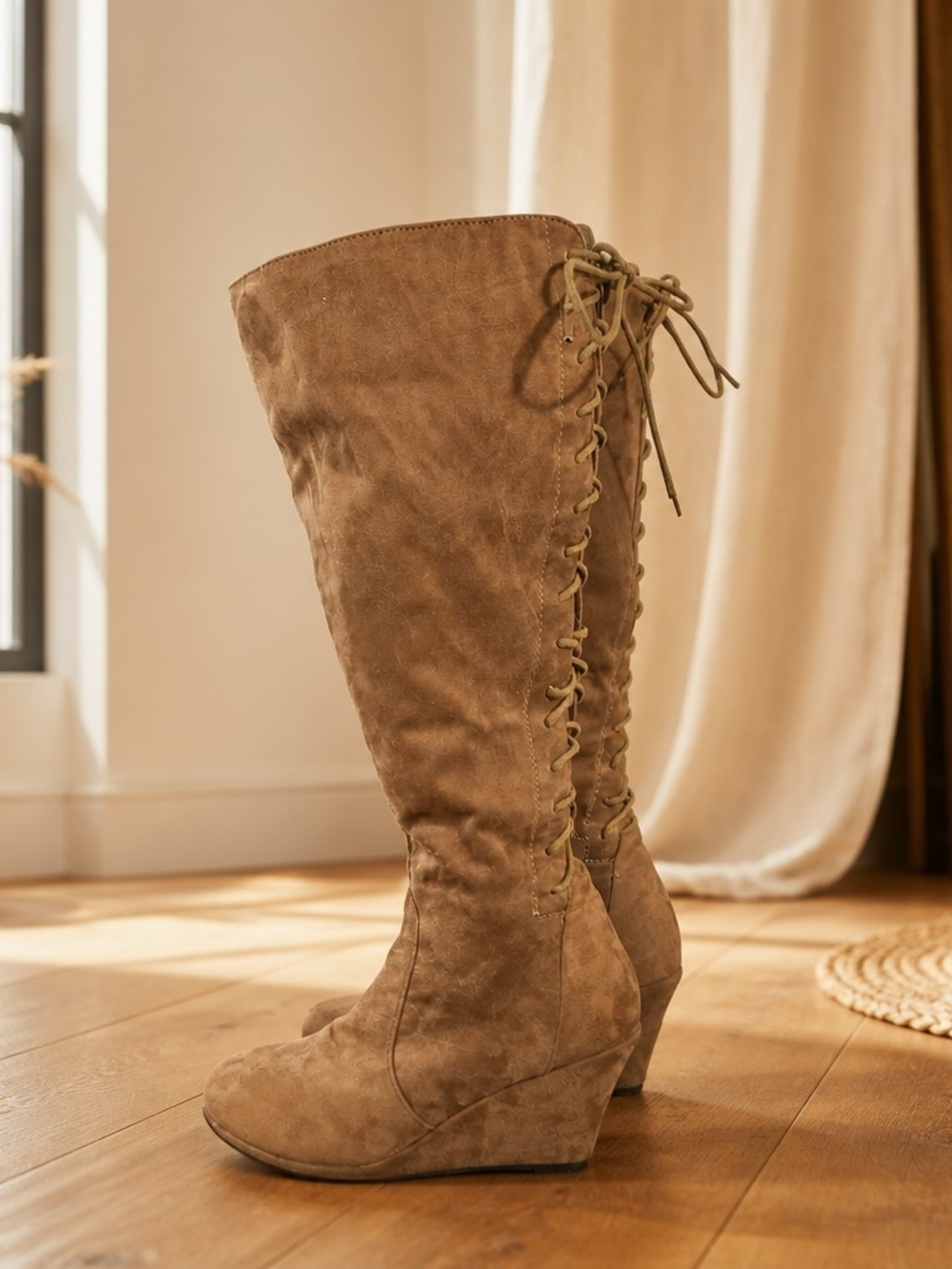 TOP Moda Light Brown Suede Lace-Up Knee-High Wedge Boots 6.5